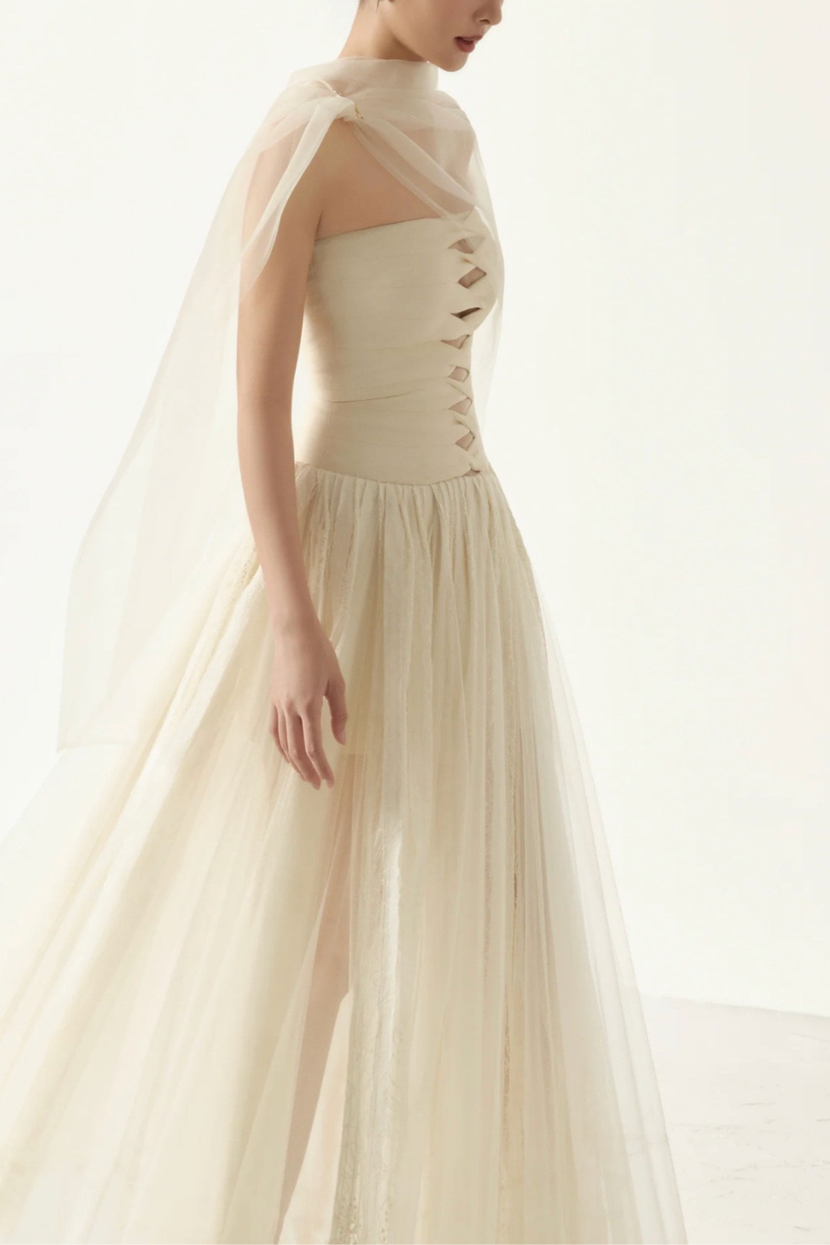 Ella Strapless Cut‑Out Sheer Sash Tulle Maxi Dress - Avalabel