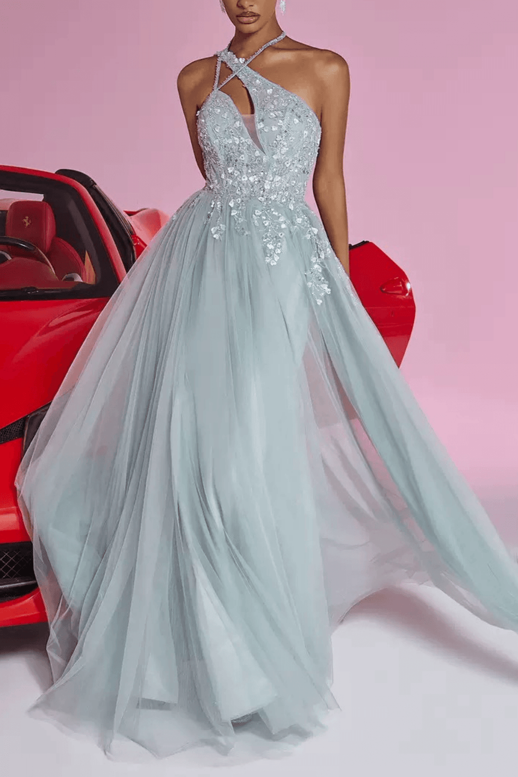 Lilian Light Blue Sequin Halter Neck Slit Prom Maxi Dress Avalabel