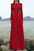 Rhinestone Boat Neck Floral Hollow Lasercut Maxi Dress - Red Avalabel
