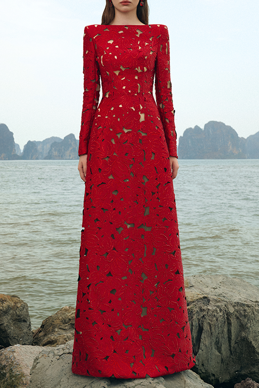 Rhinestone Boat Neck Floral Hollow Lasercut Maxi Dress - Red Avalabel