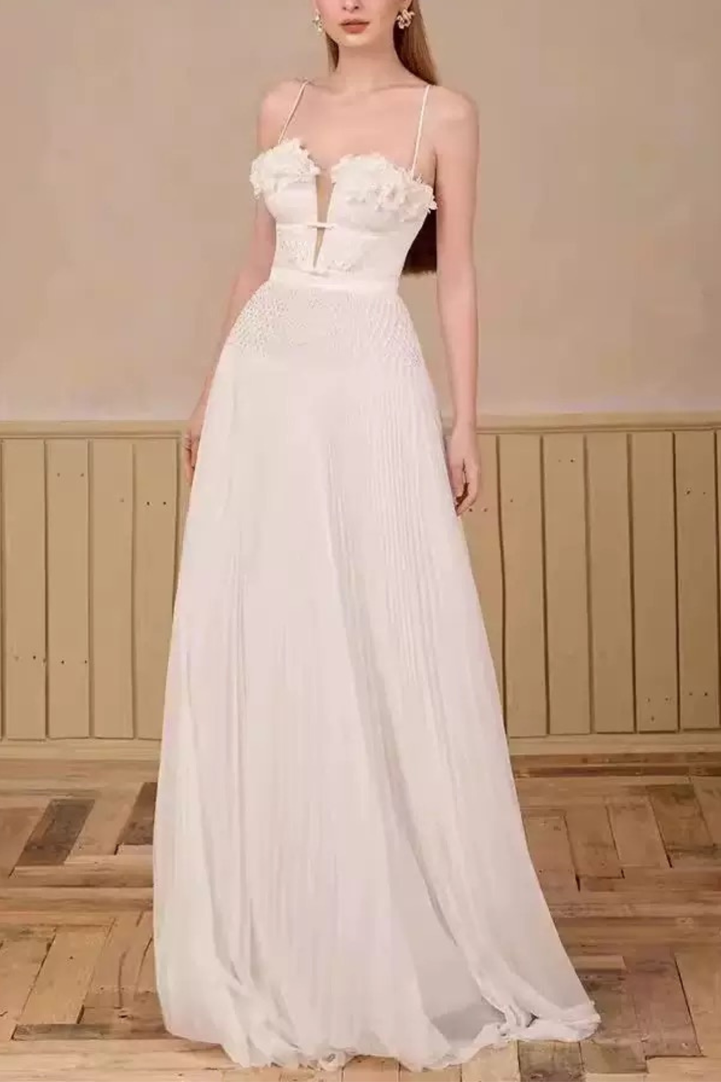 Kristin 3D Floral Spaghetti Strap Pleated Maxi Dress Avalabel