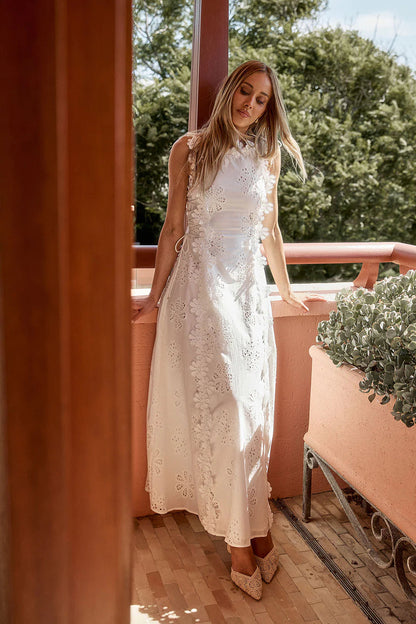 Lace Trim Embroidery Hollow Midi Dress in White