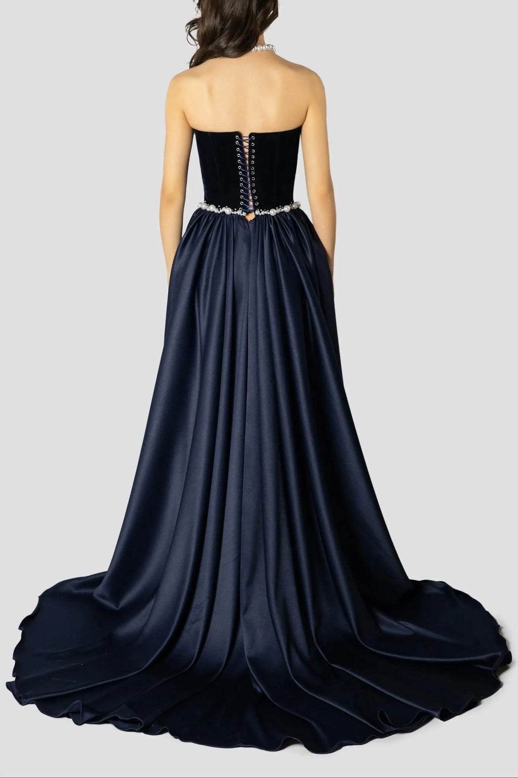 samantha Dark Blue Pearls Embroidered strapless maxi Dress Avalabel