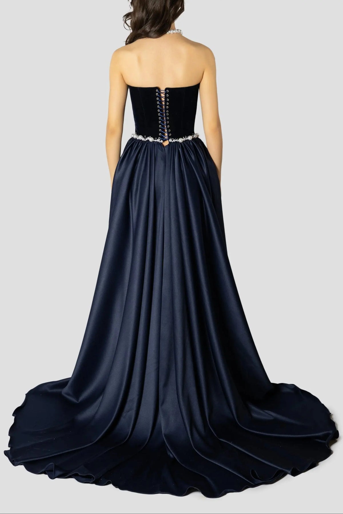 samantha Dark Blue Pearls Embroidered strapless maxi Dress Avalabel