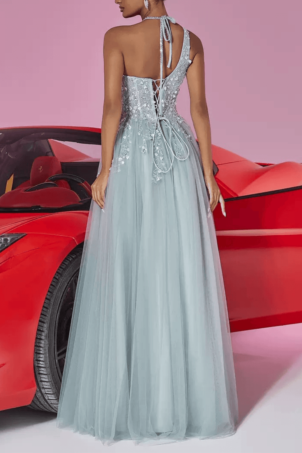Lilian Light Blue Sequin Halter Neck Slit Prom Maxi Dress Avalabel