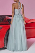 Lilian Light Blue Sequin Halter Neck Slit Prom Maxi Dress Avalabel