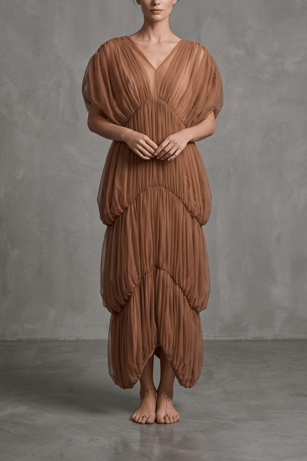 Elle Caramel Sheer Smocked Tiered Maxi Dress Avalabel