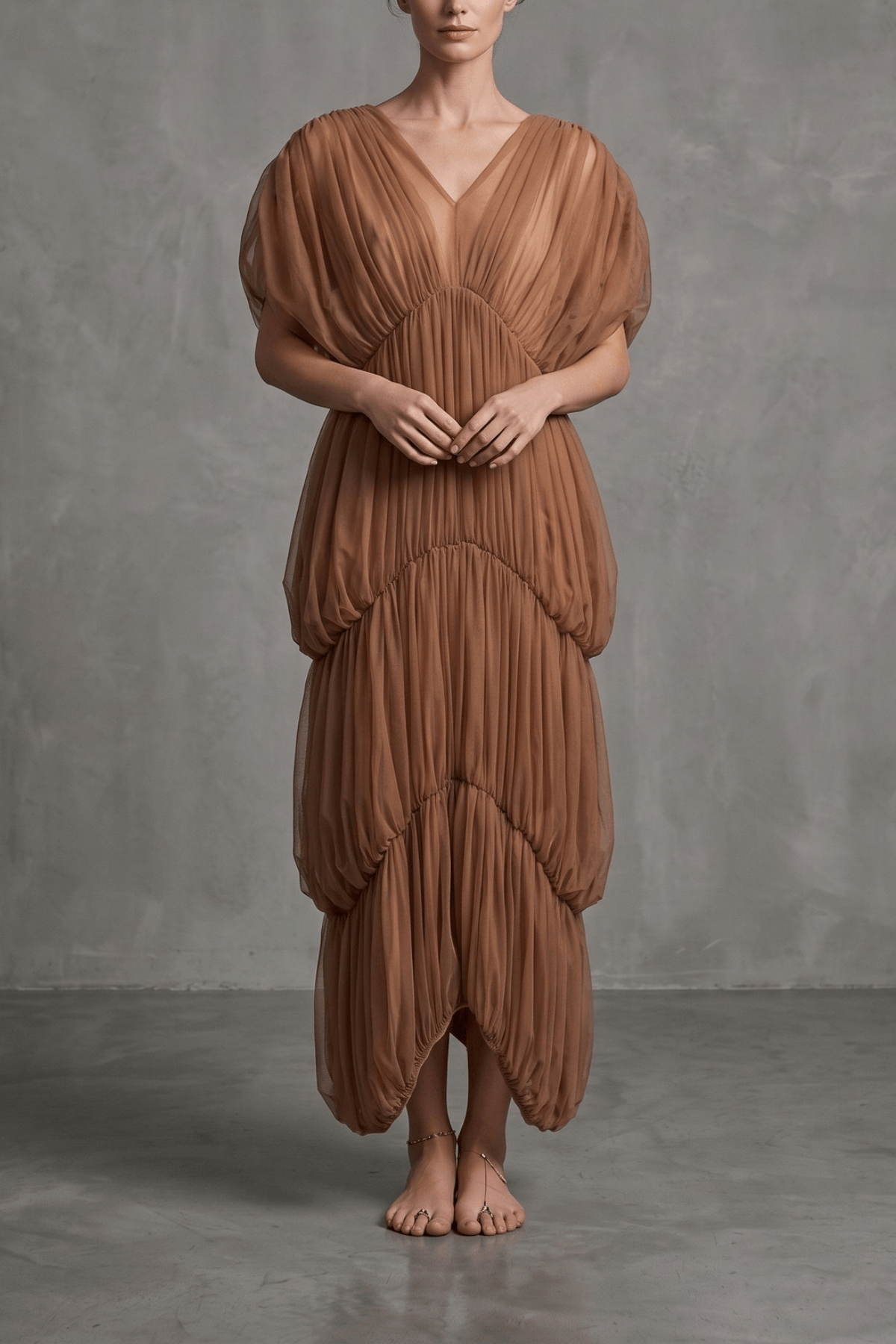Elle Caramel Sheer Smocked Tiered Maxi Dress Avalabel