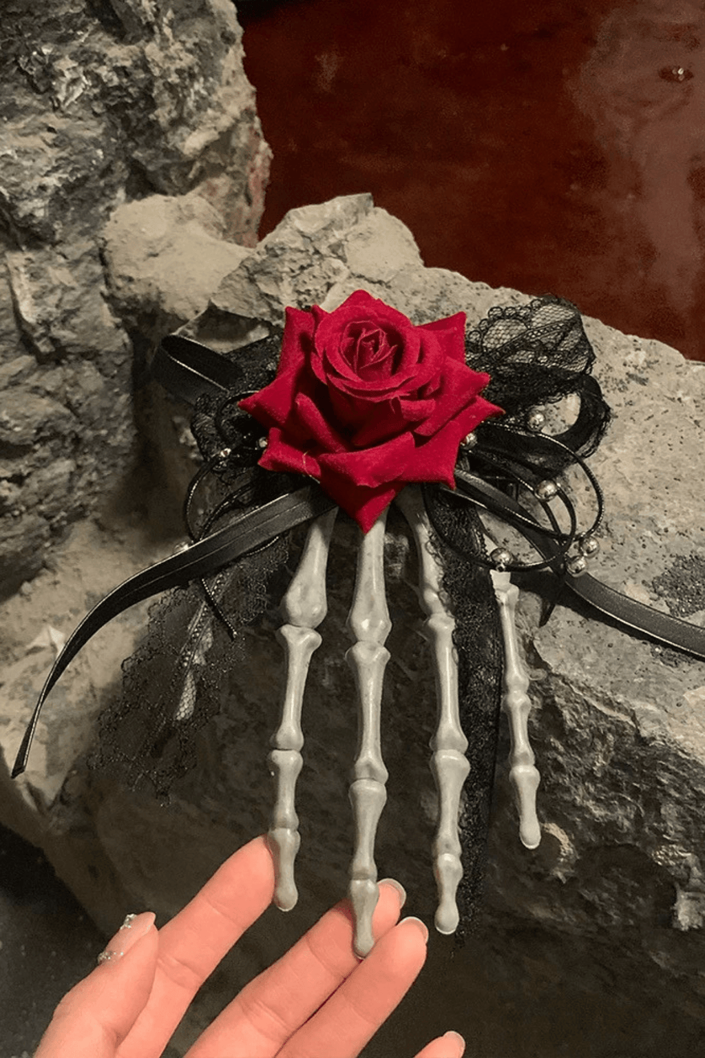 Gothic Skeleton Hand Rose Hair Clip Avalabel