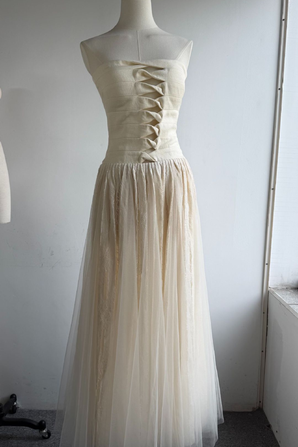 Ella Strapless Cut‑Out Sheer Sash Tulle Maxi Dress - Avalabel