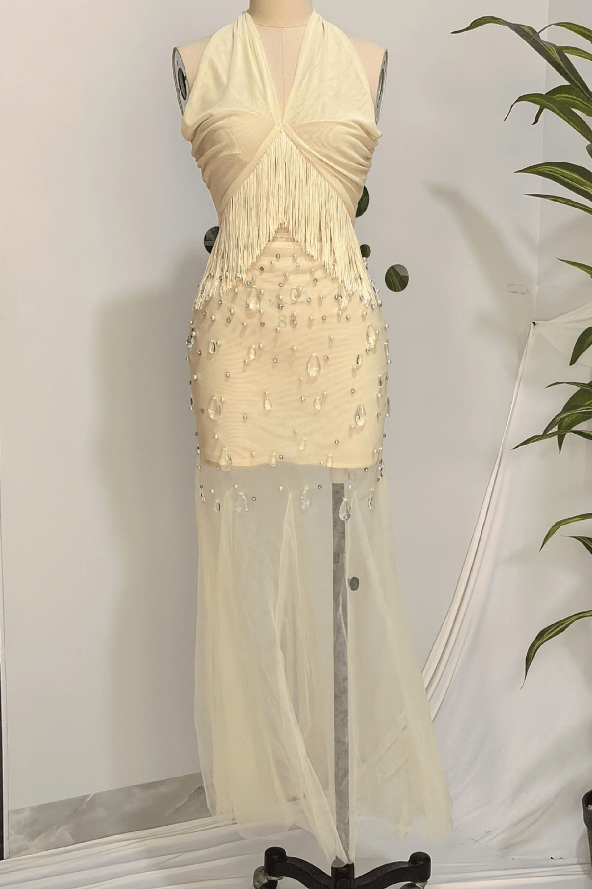 Fiona Halter Fringe Beaded Mesh Maxi Dress Avalabel