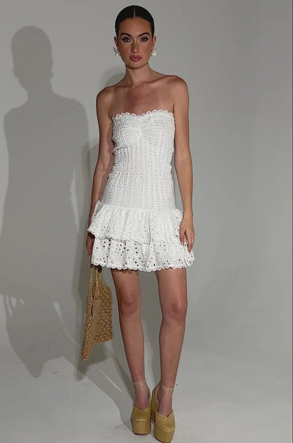 eyelet layered strapless mini dress in white
