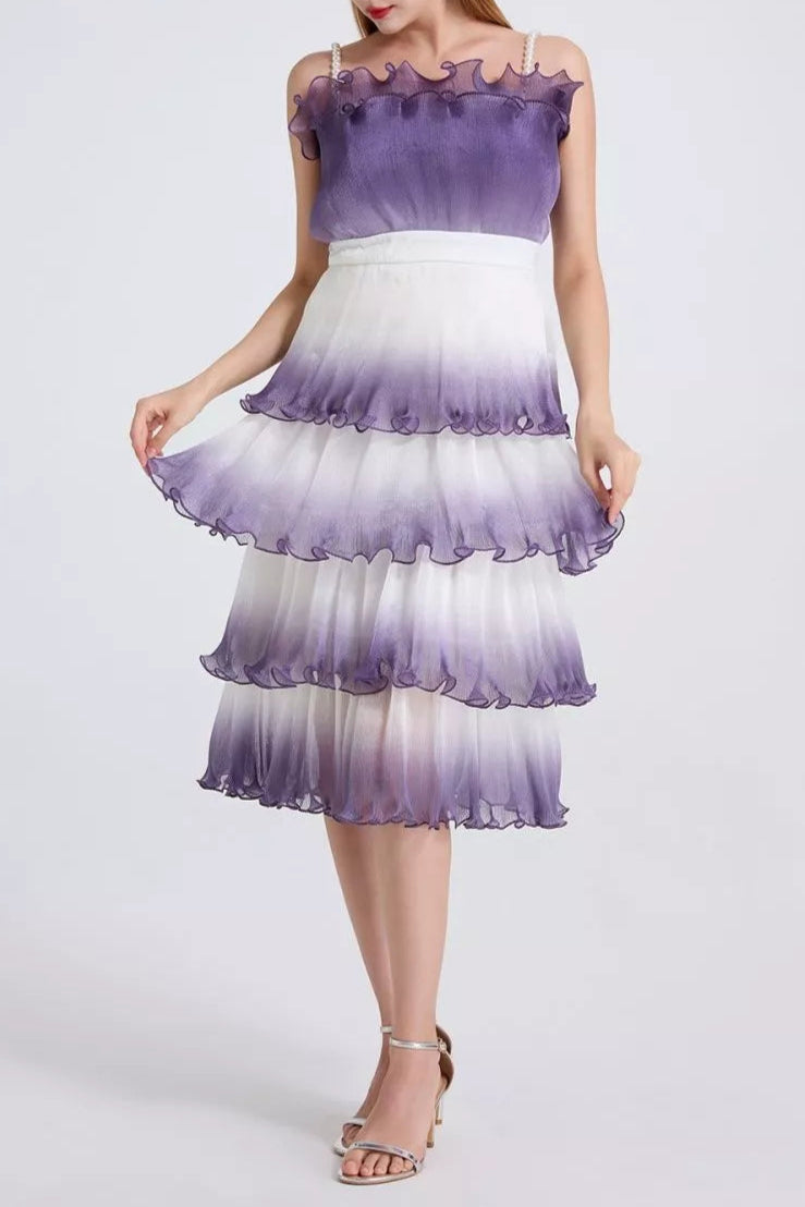 Purple Gradient Pleated Ruffle Trim Layered Mini Dress Avalabel