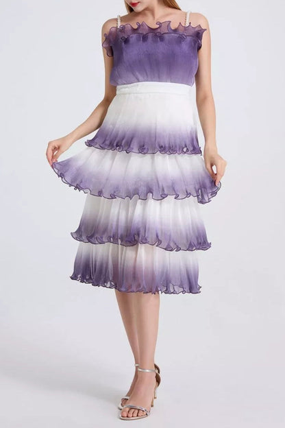 Purple Gradient Pleated Ruffle Trim Layered Mini Dress