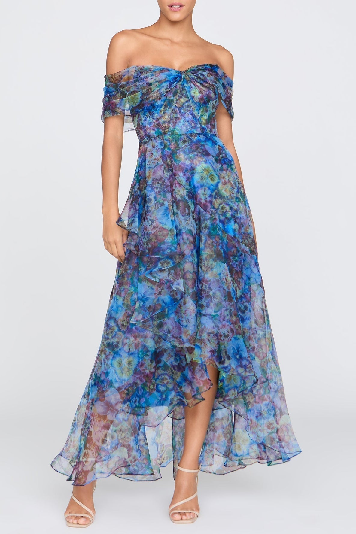 Maria Off-Shoulder Mesh Floral Print Slip Maxi Dress - Blue