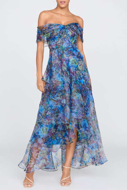 Maria Off-Shoulder Mesh Floral Print Slip Maxi Dress - Blue