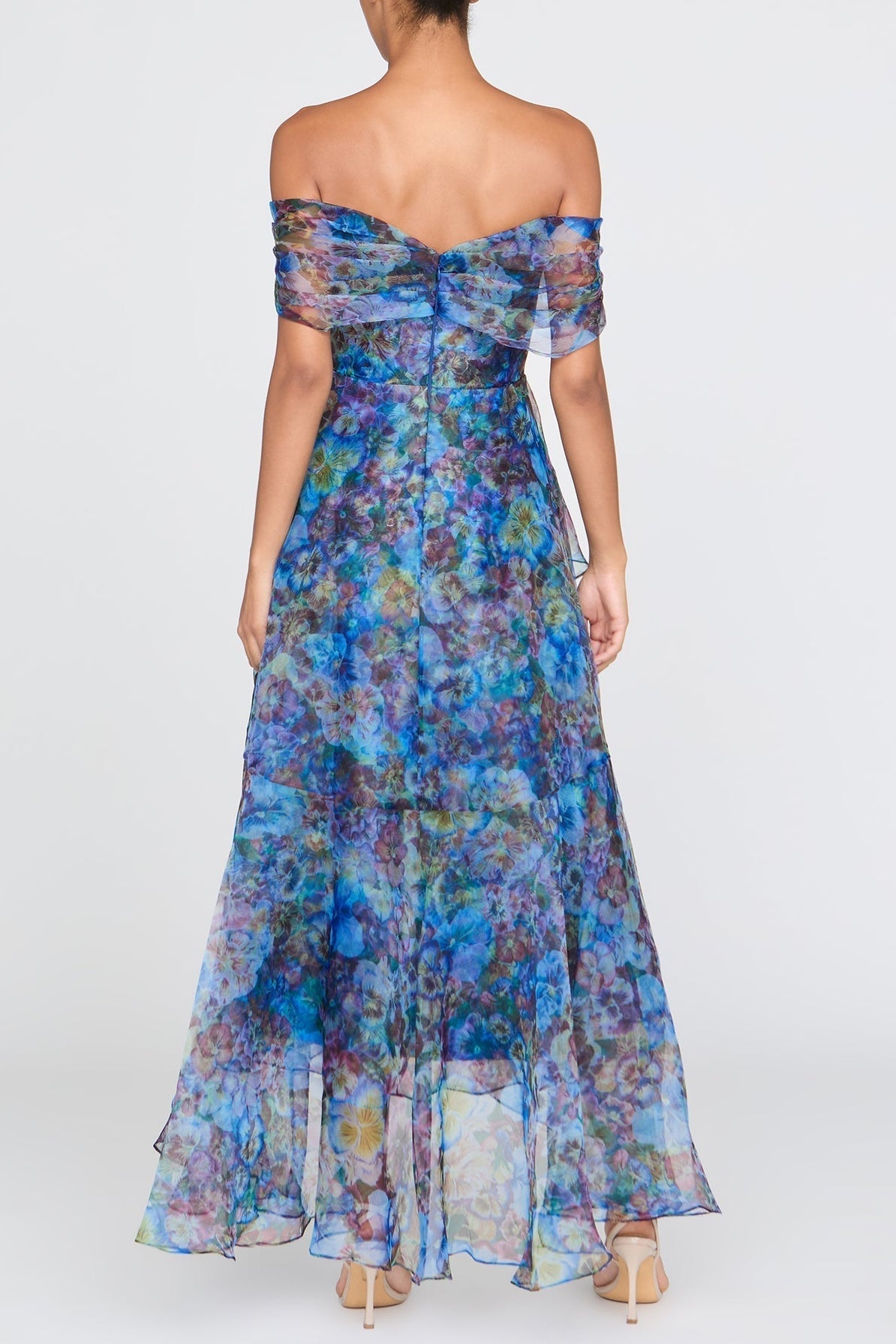 Maria Off-Shoulder Mesh Floral Print Slip Maxi Dress - Blue