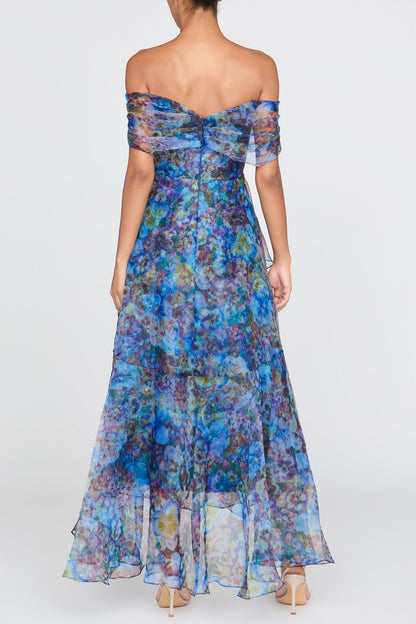Maria Off-Shoulder Mesh Floral Print Slip Maxi Dress - Blue