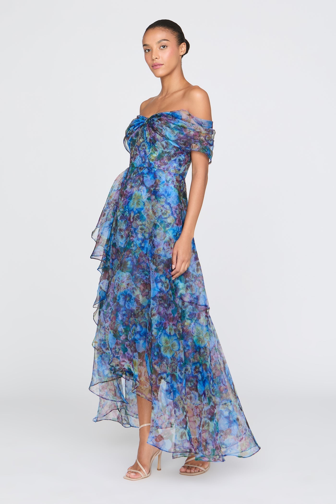 Maria Off-Shoulder Mesh Floral Print Slip Maxi Dress - Blue