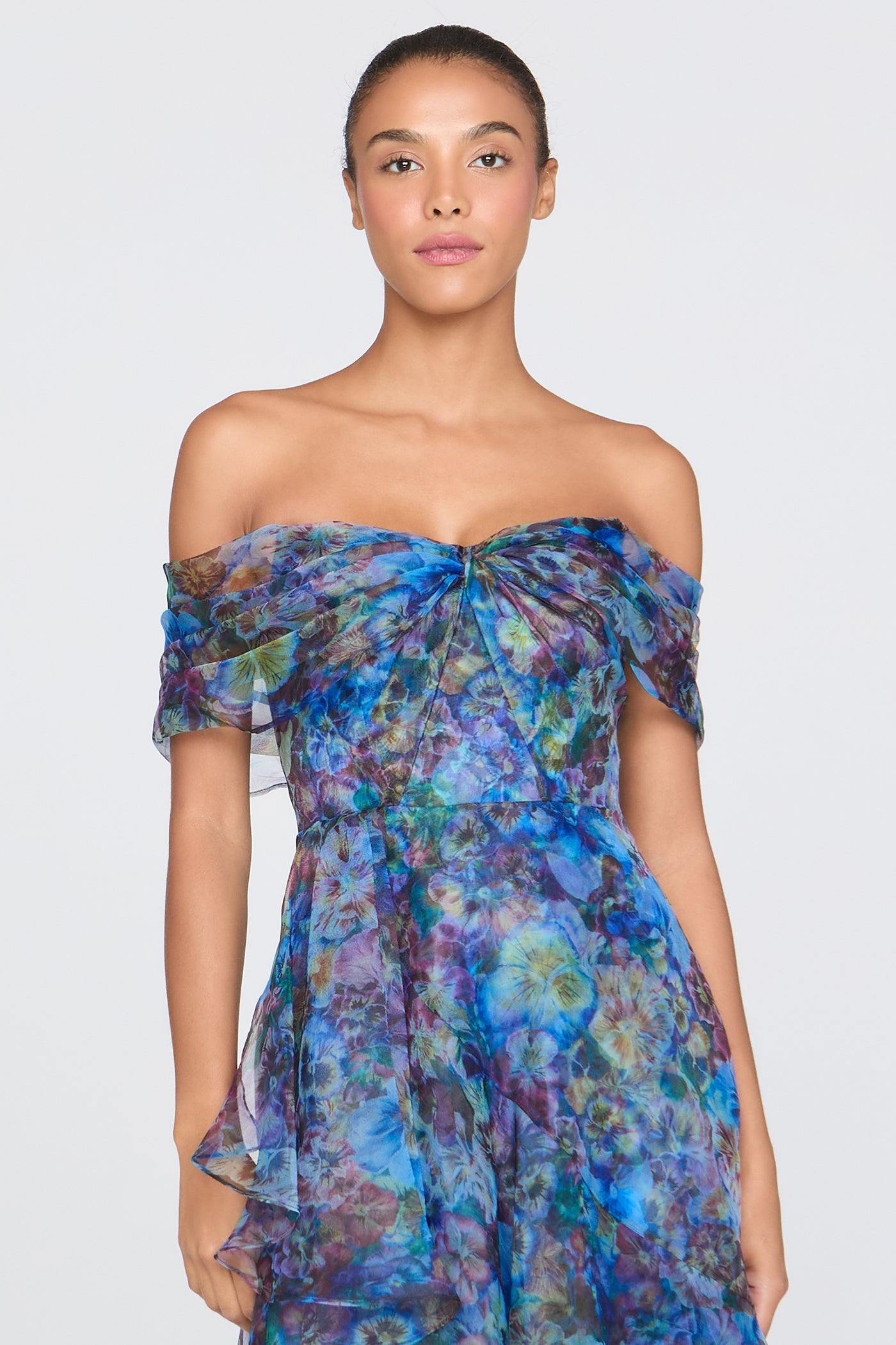 Maria Off-Shoulder Mesh Floral Print Slip Maxi Dress - Blue