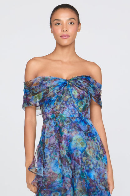 Maria Off-Shoulder Mesh Floral Print Slip Maxi Dress - Blue