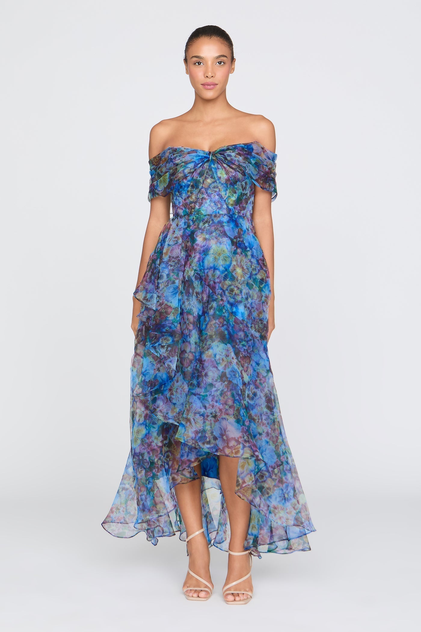 Maria Off-Shoulder Mesh Floral Print Slip Maxi Dress - Blue