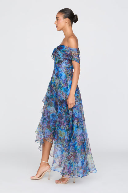 Maria Off-Shoulder Mesh Floral Print Slip Maxi Dress - Blue