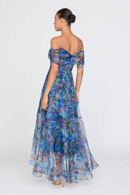 Maria Off-Shoulder Mesh Floral Print Slip Maxi Dress - Blue