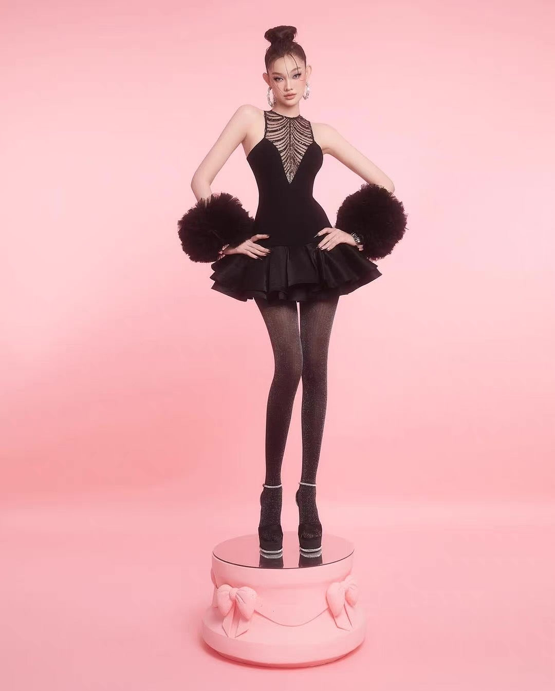 Jessica Sequin Tulle Ruched Hem Mini Dress in Black Avalabel