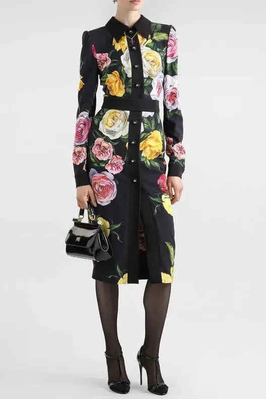 bernice rose print shirt midi dress in black Avalabel