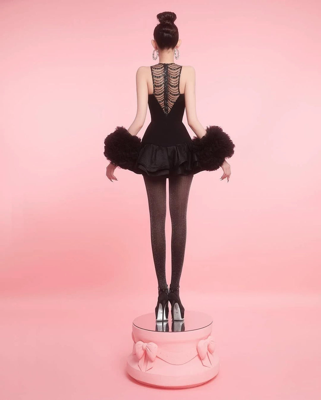Jessica Sequin Tulle Ruched Hem Mini Dress in Black Avalabel