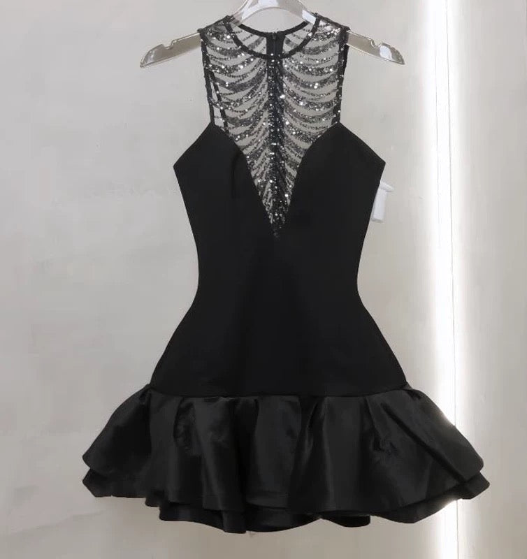 Jessica Sequin Tulle Ruched Hem Mini Dress in Black Avalabel