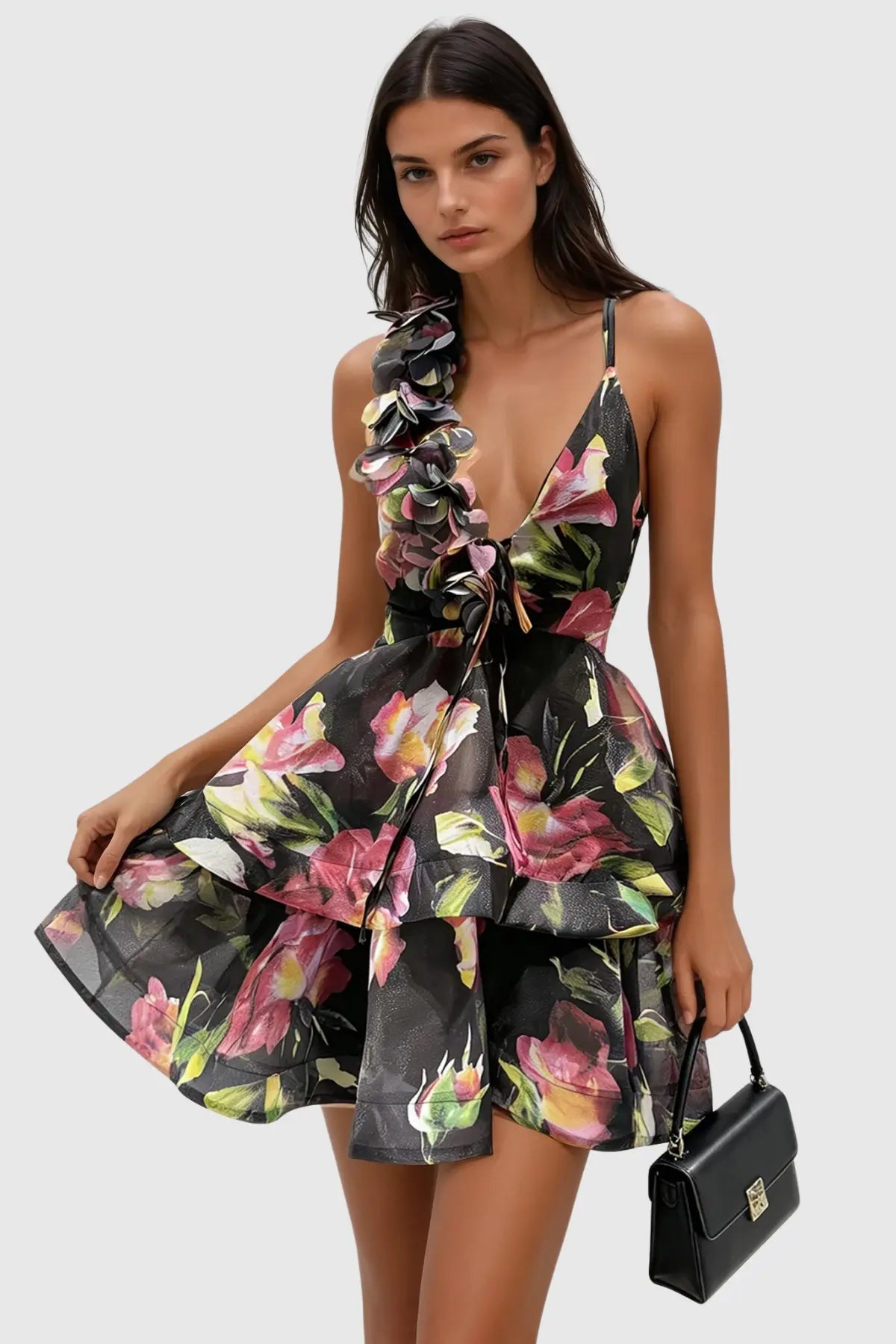 Pera Floral Appliqué Ruffle Mini Dress - Black Avalabel