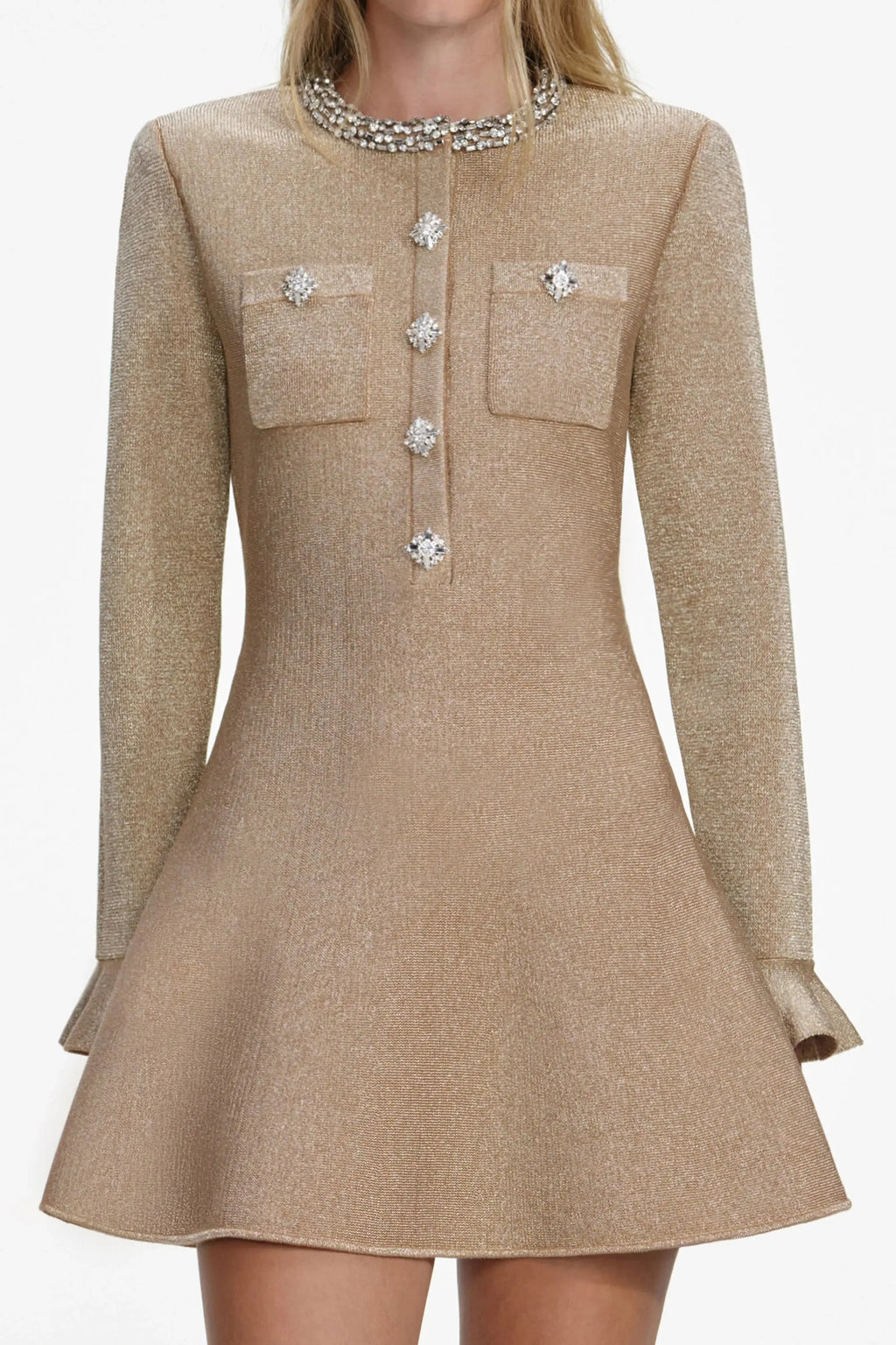 phoenix Gold Crystal Trim Knit Mini Dress Avalabel