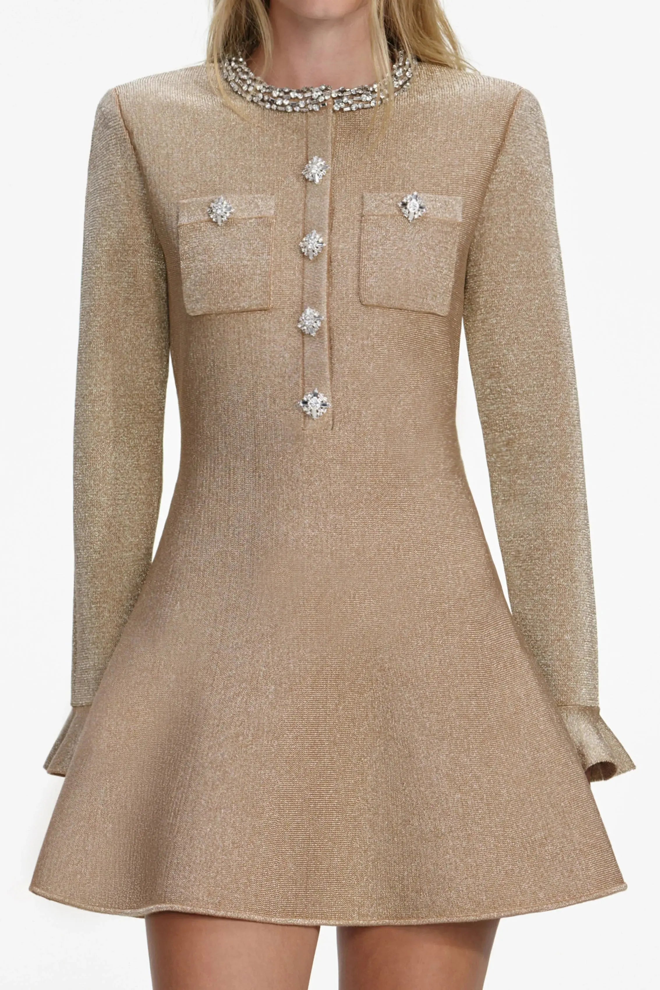 phoenix Gold Crystal Trim Knit Mini Dress Avalabel