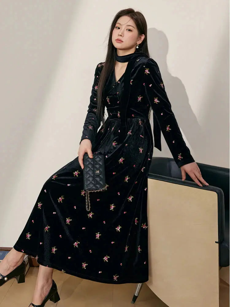 yuri v-neck Floral Embroidered Velvet maxi Dress in black Avalabel