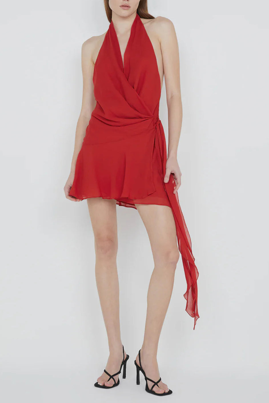 Halter Backless V-Neck Sleeveless Lace-Up Mini Dress in Red Avalabel