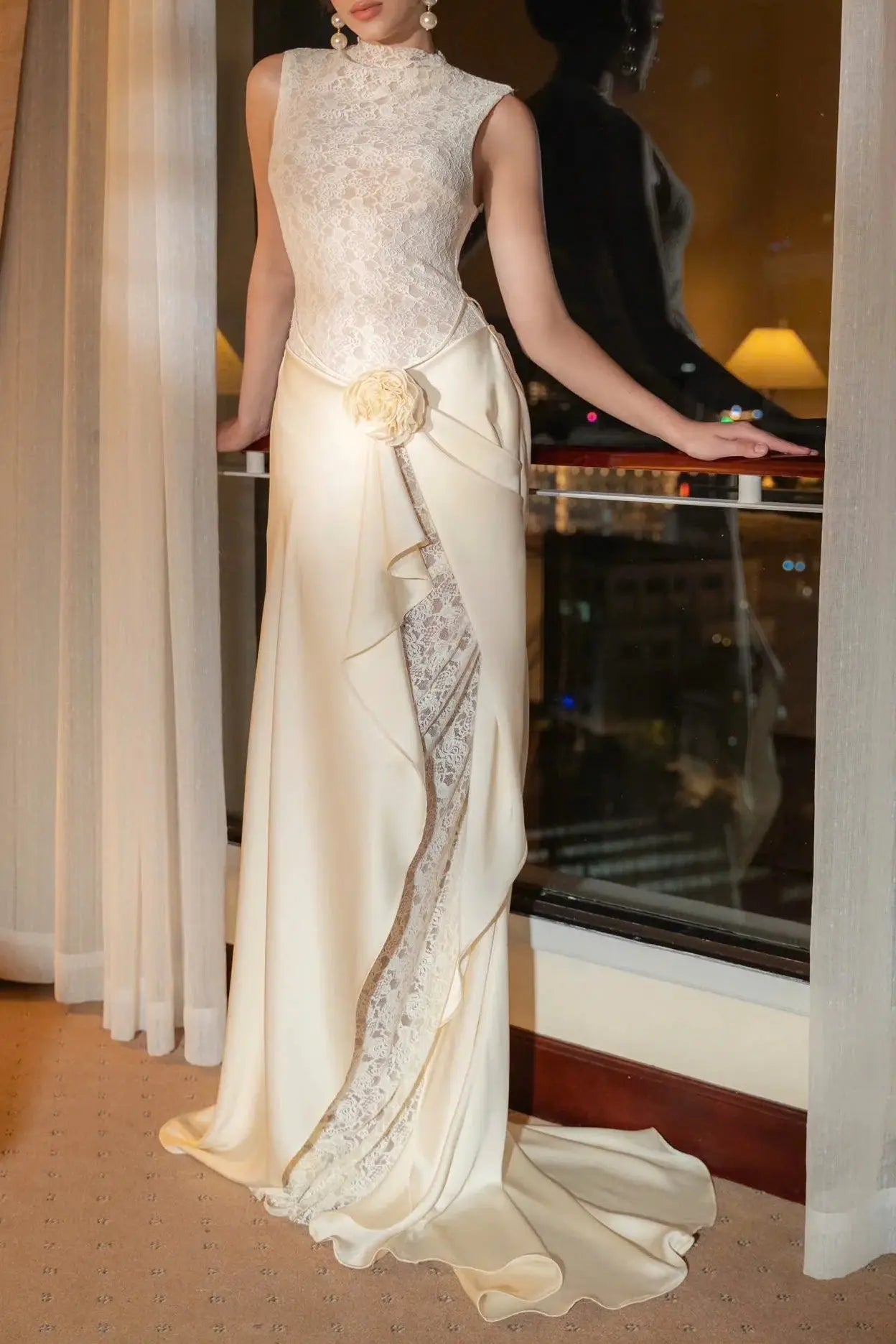 giselle flower embellished sleeveless lace maxi dress  in white Avalabel