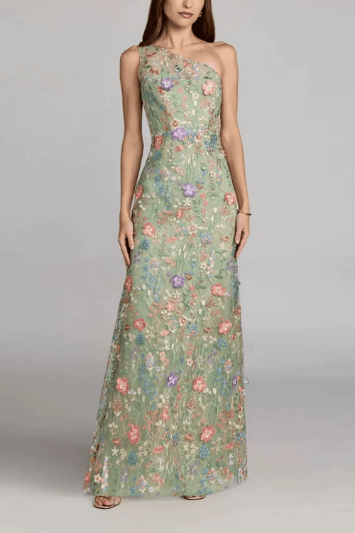 Carol Green Floral One Shoulder Embroidered Maxi Dress Avalabel