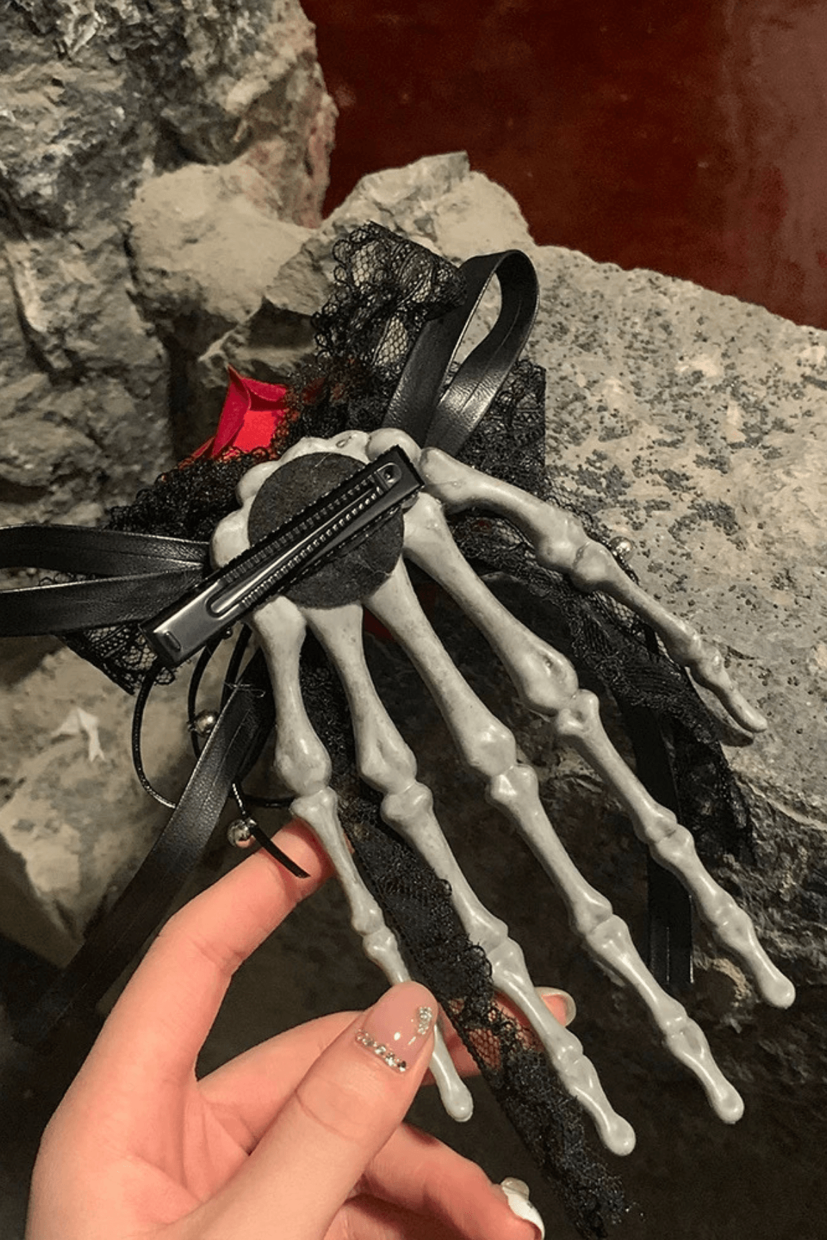 Gothic Skeleton Hand Rose Hair Clip Avalabel