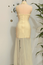 Fiona Halter Fringe Beaded Mesh Maxi Dress Avalabel