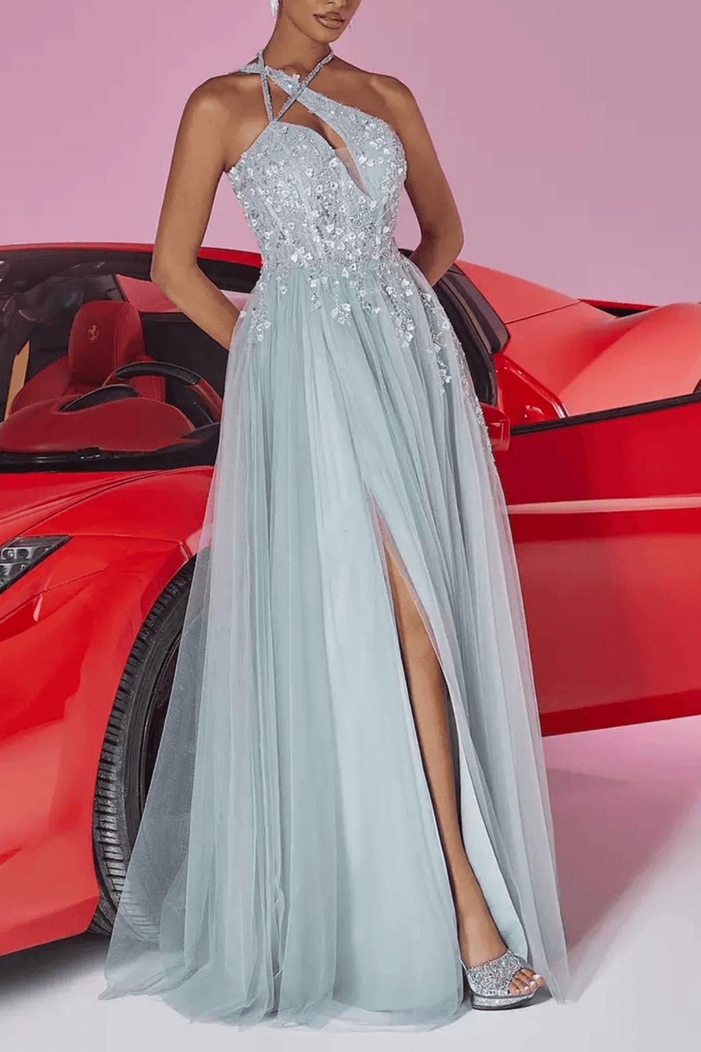 Lilian Light Blue Sequin Halter Neck Slit Prom Maxi Dress Avalabel