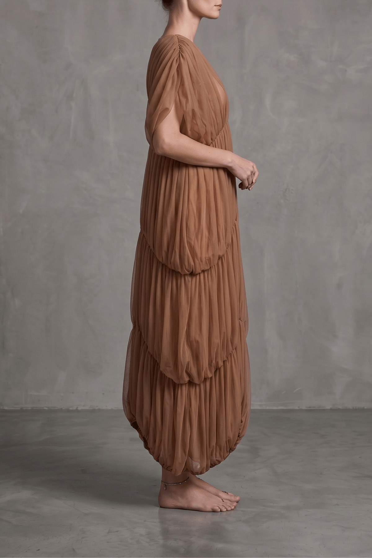 Elle Caramel Sheer Smocked Tiered Maxi Dress Avalabel