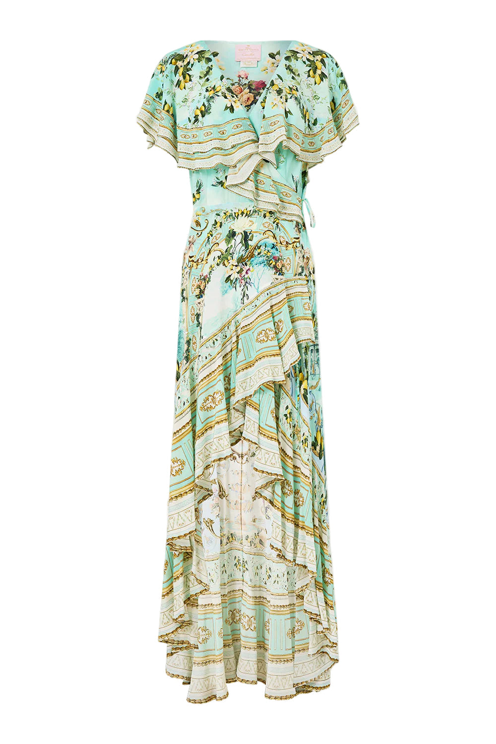Green-Multi Printed Ruffled V-Neck Irregular Hem Silk Maxi Dress Avalabel