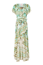 Green-Multi Printed Ruffled V-Neck Irregular Hem Silk Maxi Dress Avalabel