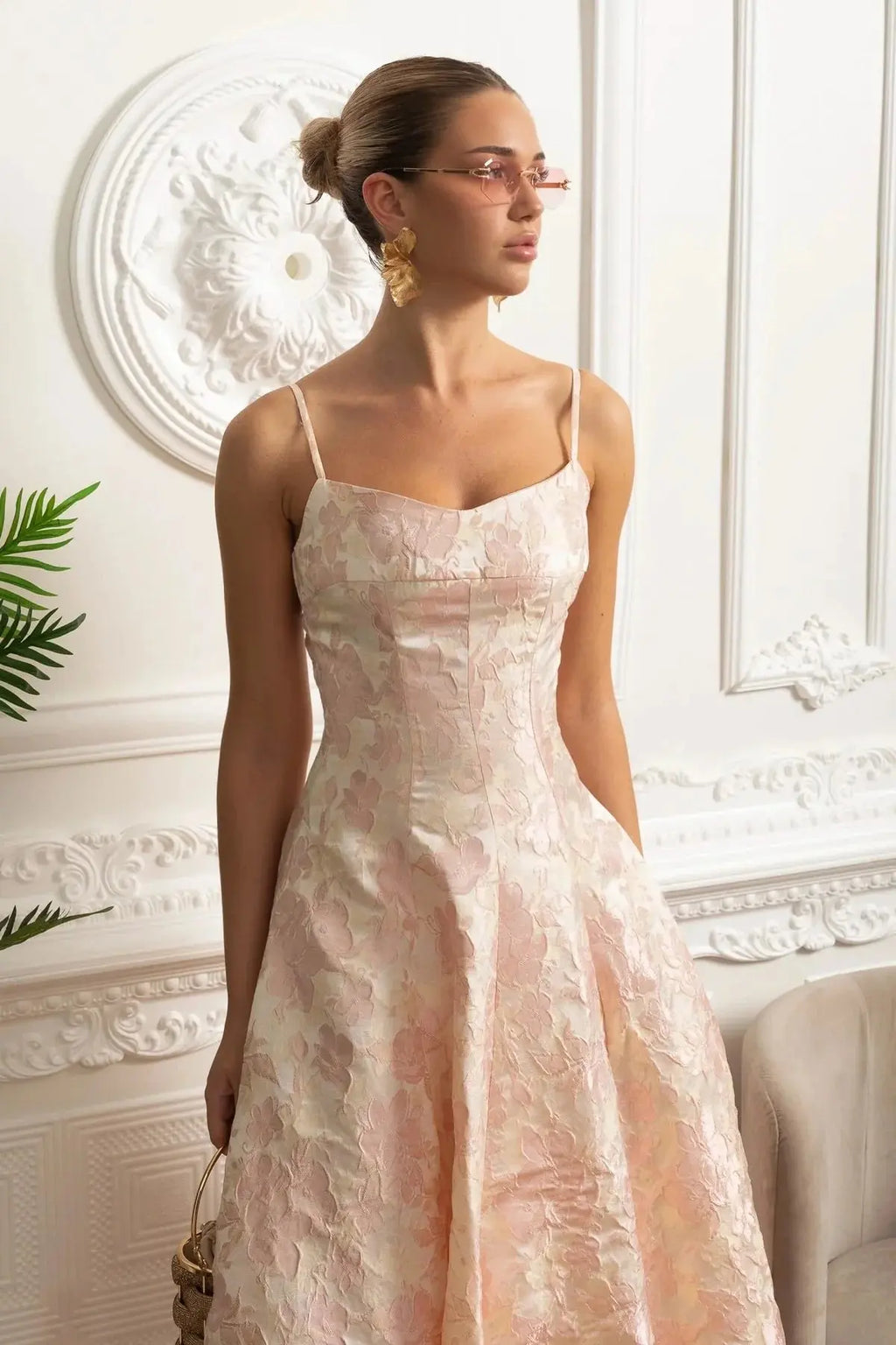 lauren Jacquard Midi Dress with Floral Motif - Blush Pink Avalabel