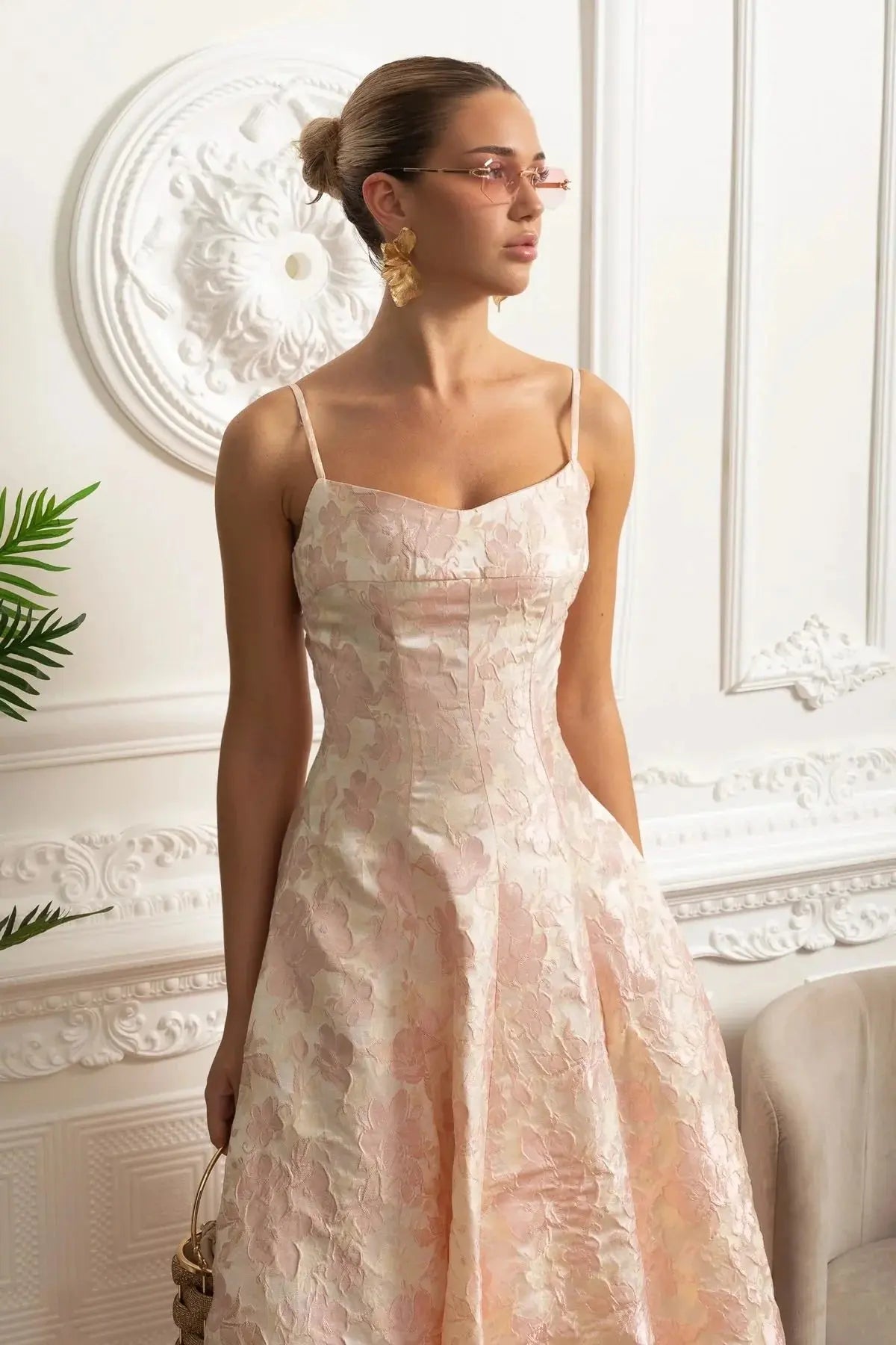 lauren Jacquard Midi Dress with Floral Motif - Blush Pink Avalabel