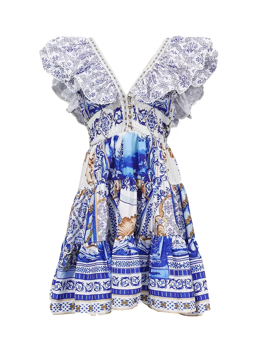 Printed Plunge Neck Mini Dress Avalabel