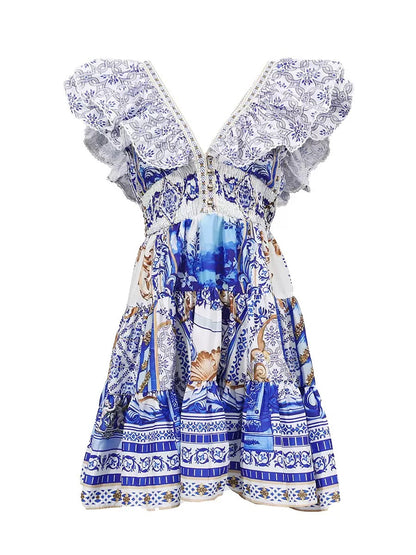 Printed Plunge Neck Mini Dress
