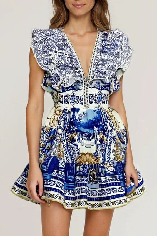 Printed Plunge Neck Mini Dress Avalabel